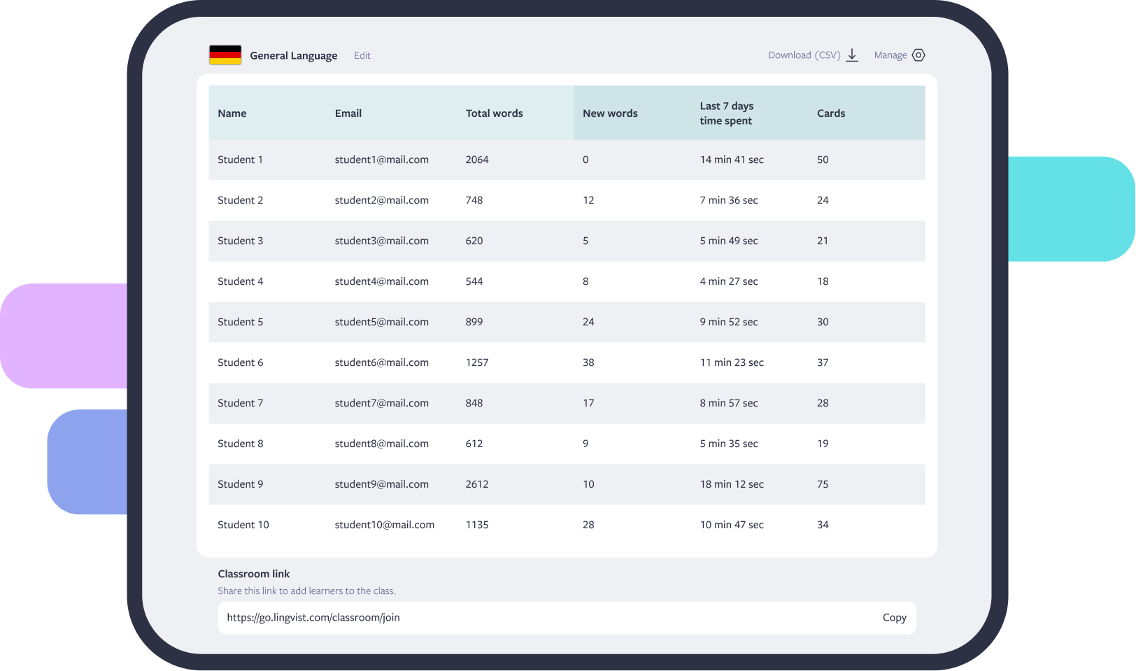 Screenshot from the Lingvist app clasroom section