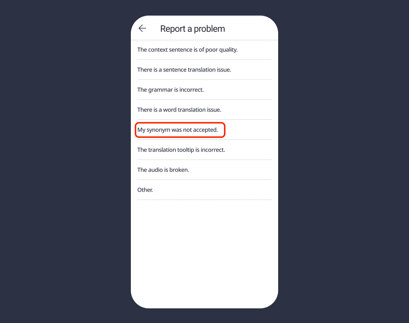 Lingvist mobile synonym not accepted report